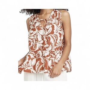 🧡🤍 EUC A NEW DAY Rust & White Leaf Print Smocked Sleeveless Blouse | Sz XS
